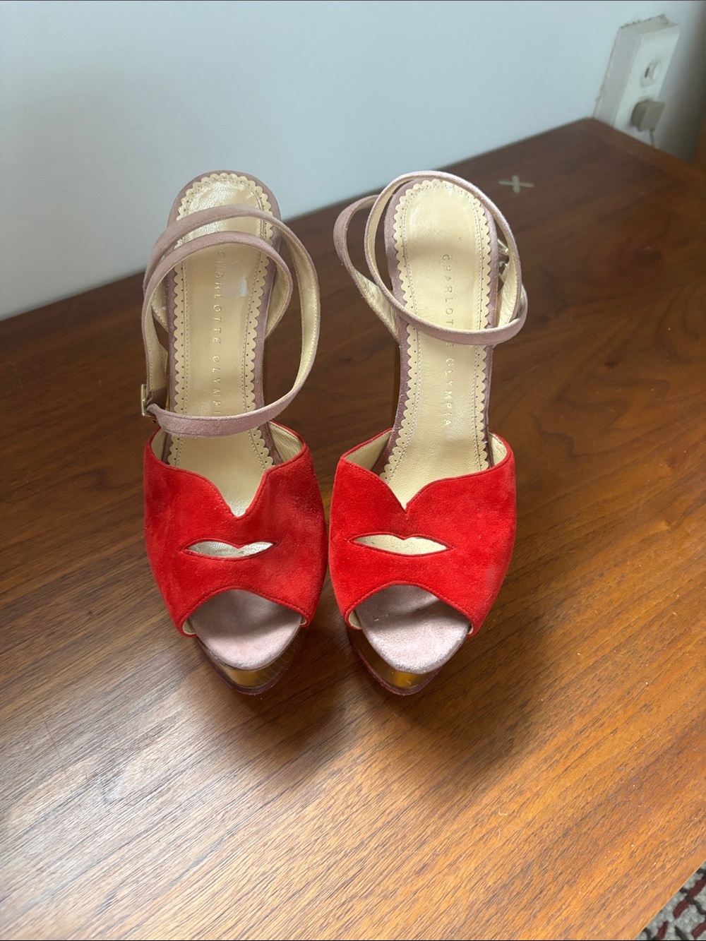 Charlotte Olympia gold platform peep toe with red suede lips